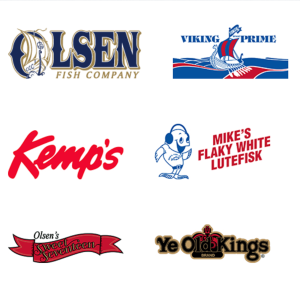 Olsen Fish Company brand logos including Olsen, Viking Prime, Kemp’s, Mike’s Flaky White Lutefisk, Sweet Seventeen, and Ye Old Kings